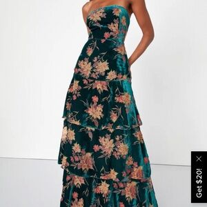 Real Allure Emerald Floral Burnout Velvet Strapless Maxi Dress
